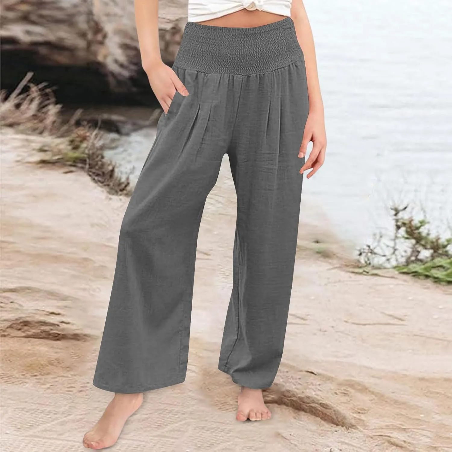 Girls Linen Pants Summer Boho Wide Leg Pleated High Waist Trousers Kids Y2K Aesthetic Baggy Elastic Palazzo Pants