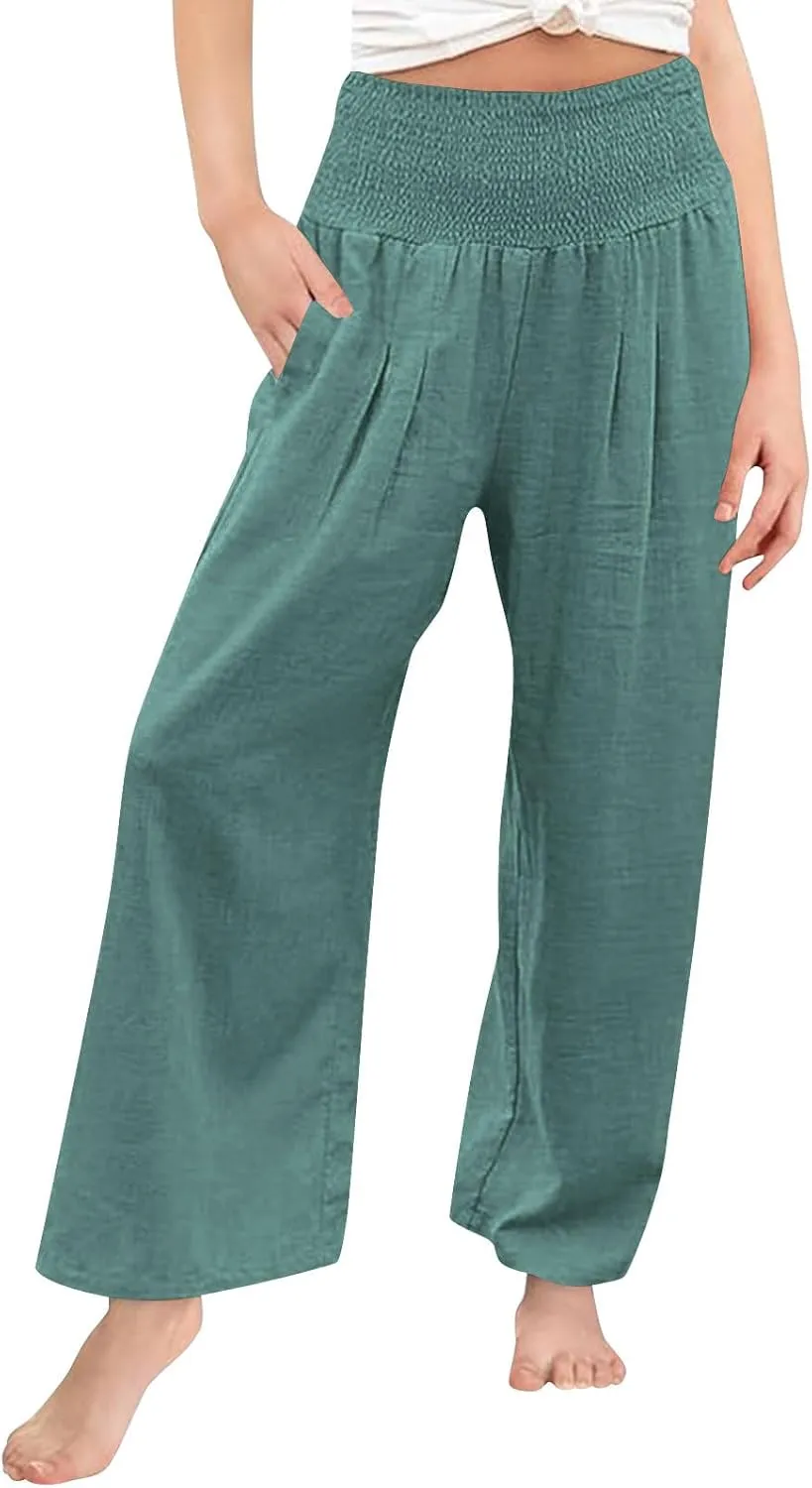 Girls Linen Pants Summer Boho Wide Leg Pleated High Waist Trousers Kids Y2K Aesthetic Baggy Elastic Palazzo Pants