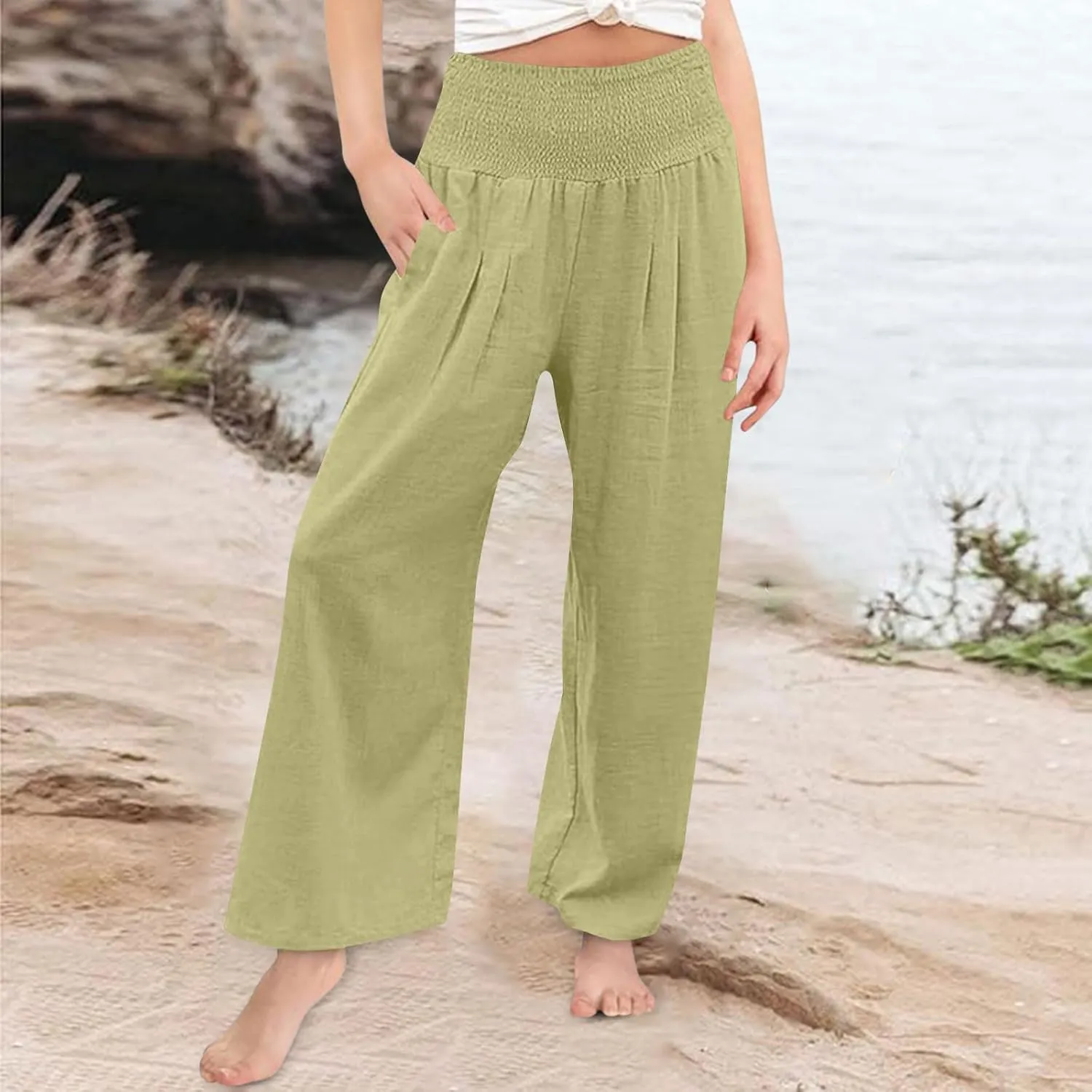 Girls Linen Pants Summer Boho Wide Leg Pleated High Waist Trousers Kids Y2K Aesthetic Baggy Elastic Palazzo Pants