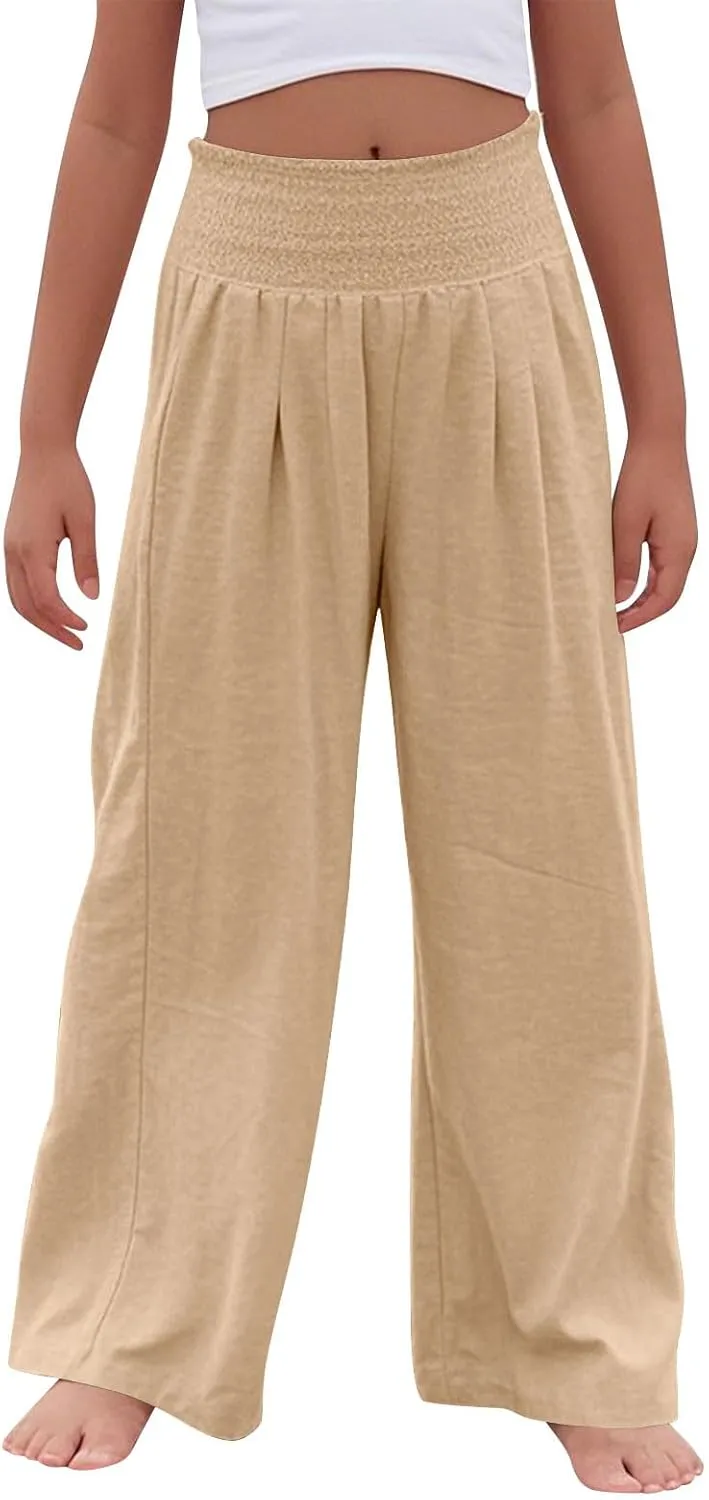 Girls Linen Pants Summer Boho Wide Leg Pleated High Waist Trousers Kids Y2K Aesthetic Baggy Elastic Palazzo Pants
