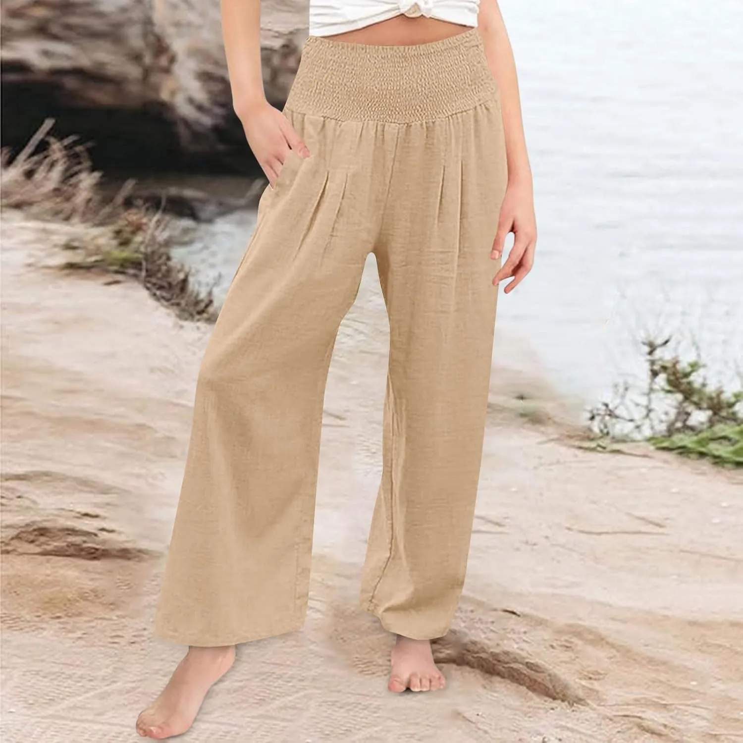 Girls Linen Pants Summer Boho Wide Leg Pleated High Waist Trousers Kids Y2K Aesthetic Baggy Elastic Palazzo Pants