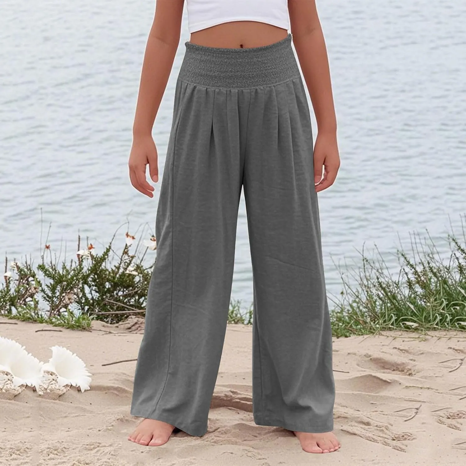 Girls Linen Pants Summer Boho Wide Leg Pleated High Waist Trousers Kids Y2K Aesthetic Baggy Elastic Palazzo Pants
