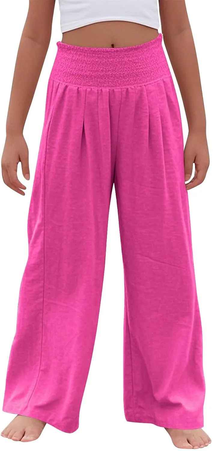 Girls Linen Pants Summer Boho Wide Leg Pleated High Waist Trousers Kids Y2K Aesthetic Baggy Elastic Palazzo Pants