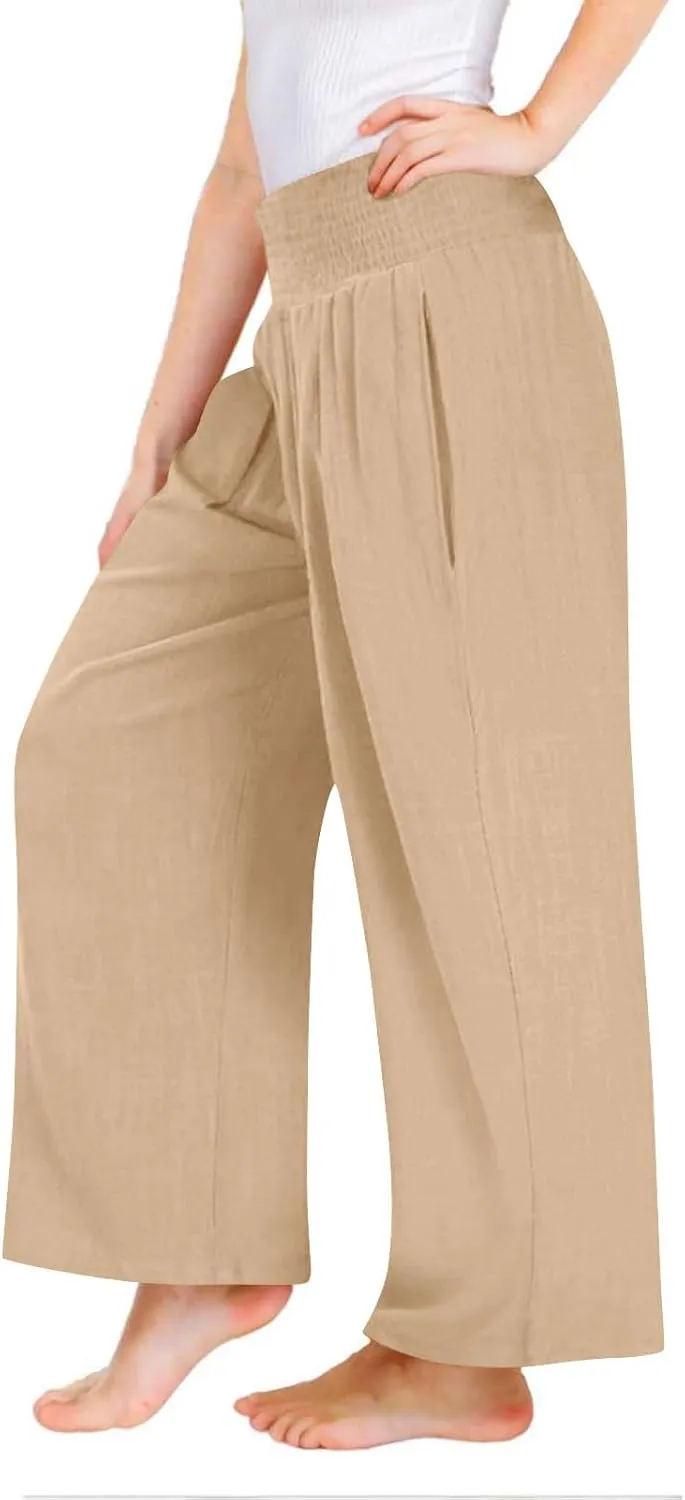 Girls Linen Pants Summer Boho Wide Leg Pleated High Waist Trousers Kids Y2K Aesthetic Baggy Elastic Palazzo Pants
