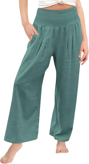 Girls Linen Pants Summer Boho Wide Leg Pleated High Waist Trousers Kids Y2K Aesthetic Baggy Elastic Palazzo Pants