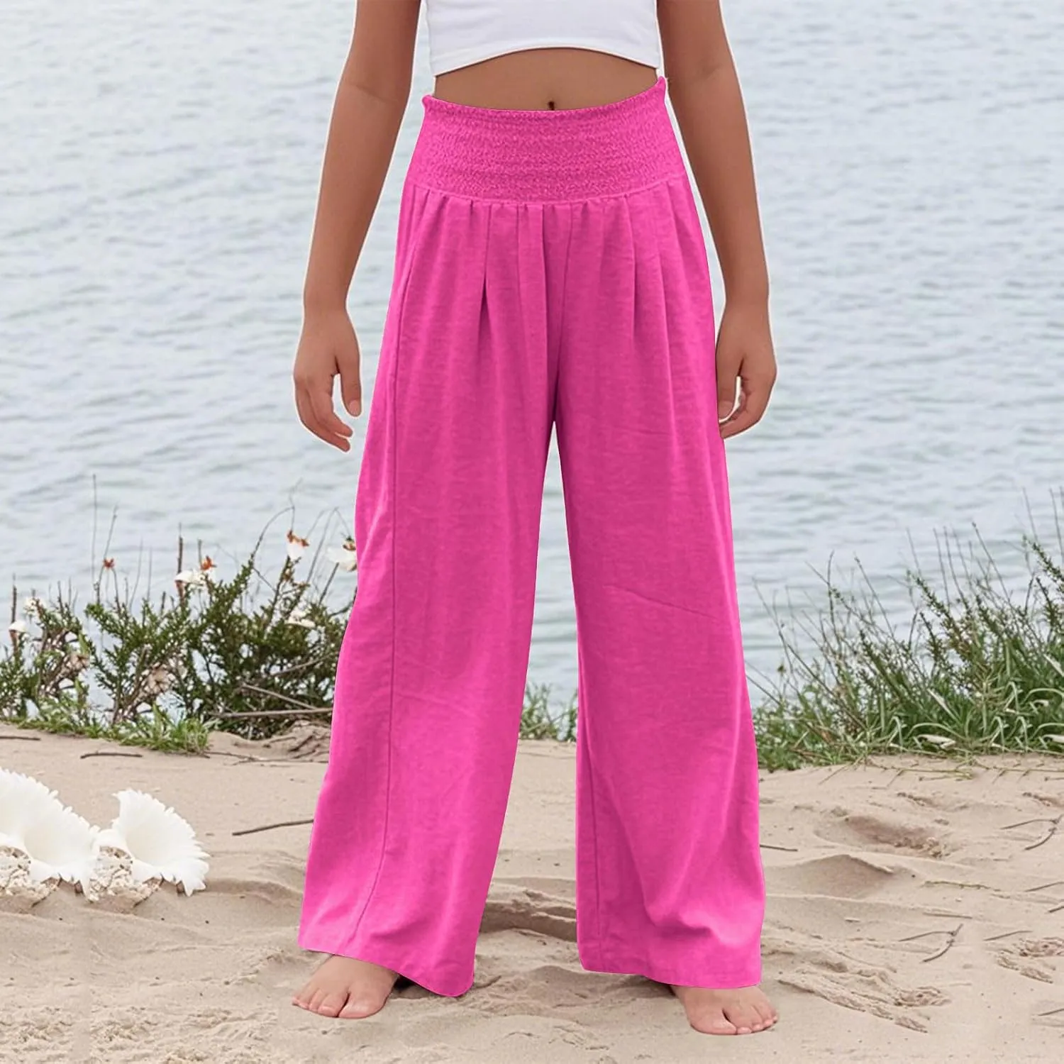 Girls Linen Pants Summer Boho Wide Leg Pleated High Waist Trousers Kids Y2K Aesthetic Baggy Elastic Palazzo Pants