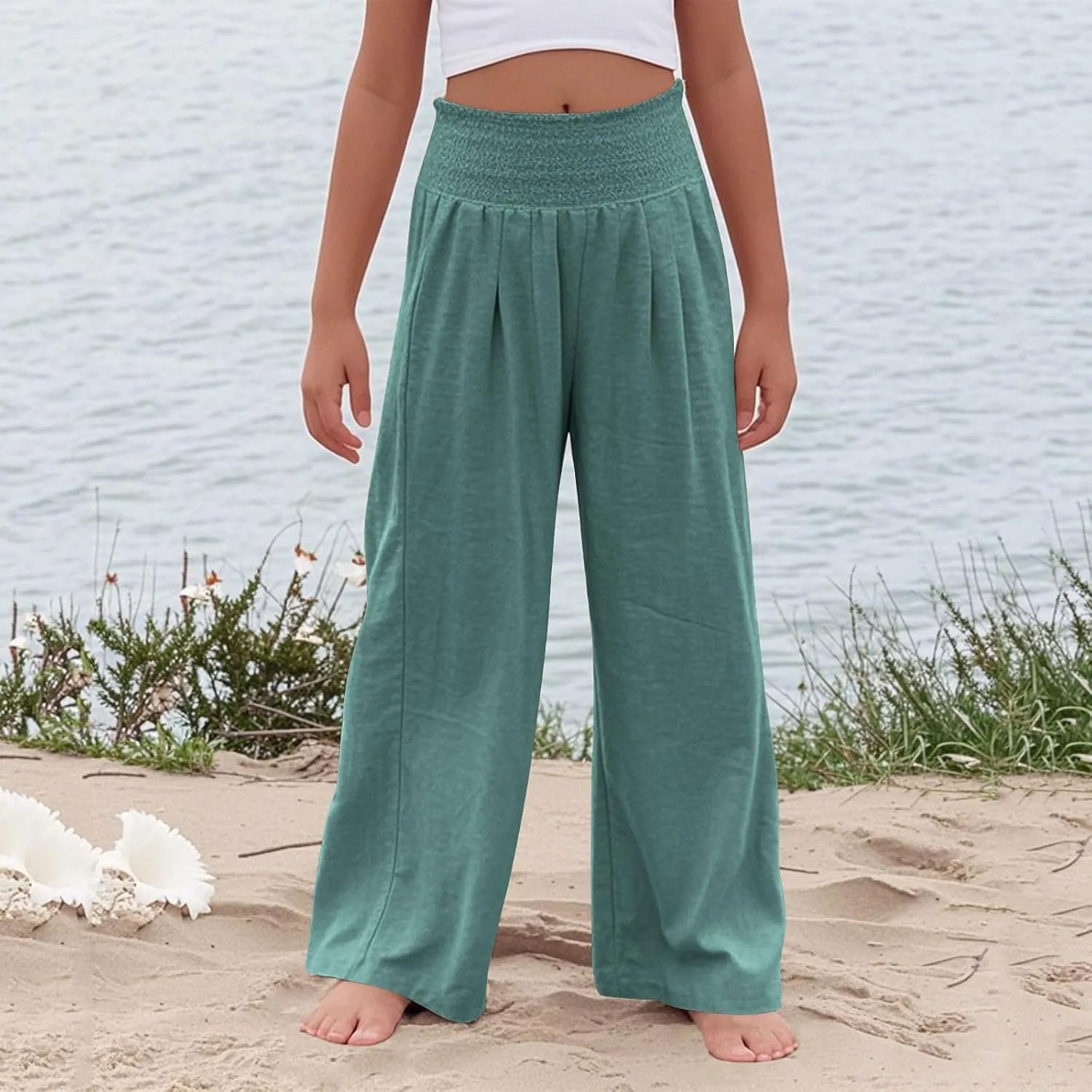 Girls Linen Pants Summer Boho Wide Leg Pleated High Waist Trousers Kids Y2K Aesthetic Baggy Elastic Palazzo Pants