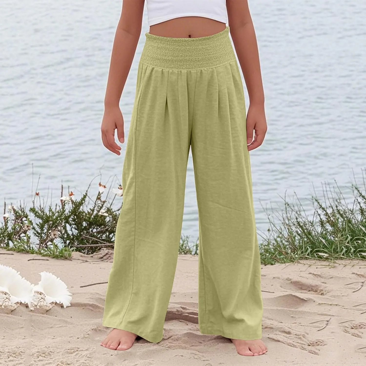 Girls Linen Pants Summer Boho Wide Leg Pleated High Waist Trousers Kids Y2K Aesthetic Baggy Elastic Palazzo Pants