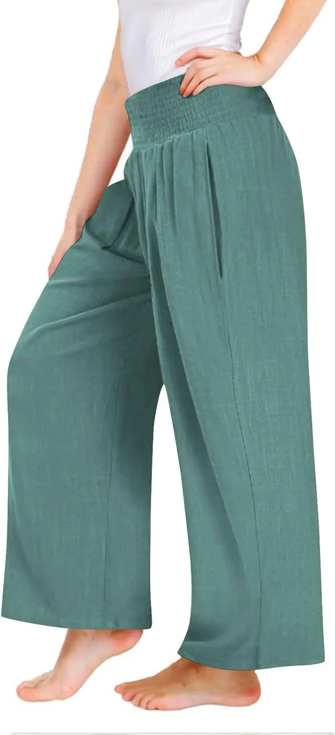 Girls Linen Pants Summer Boho Wide Leg Pleated High Waist Trousers Kids Y2K Aesthetic Baggy Elastic Palazzo Pants