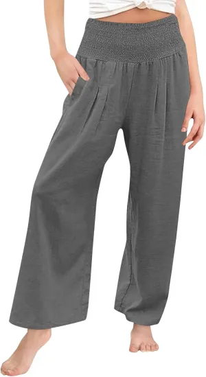 Girls Linen Pants Summer Boho Wide Leg Pleated High Waist Trousers Kids Y2K Aesthetic Baggy Elastic Palazzo Pants