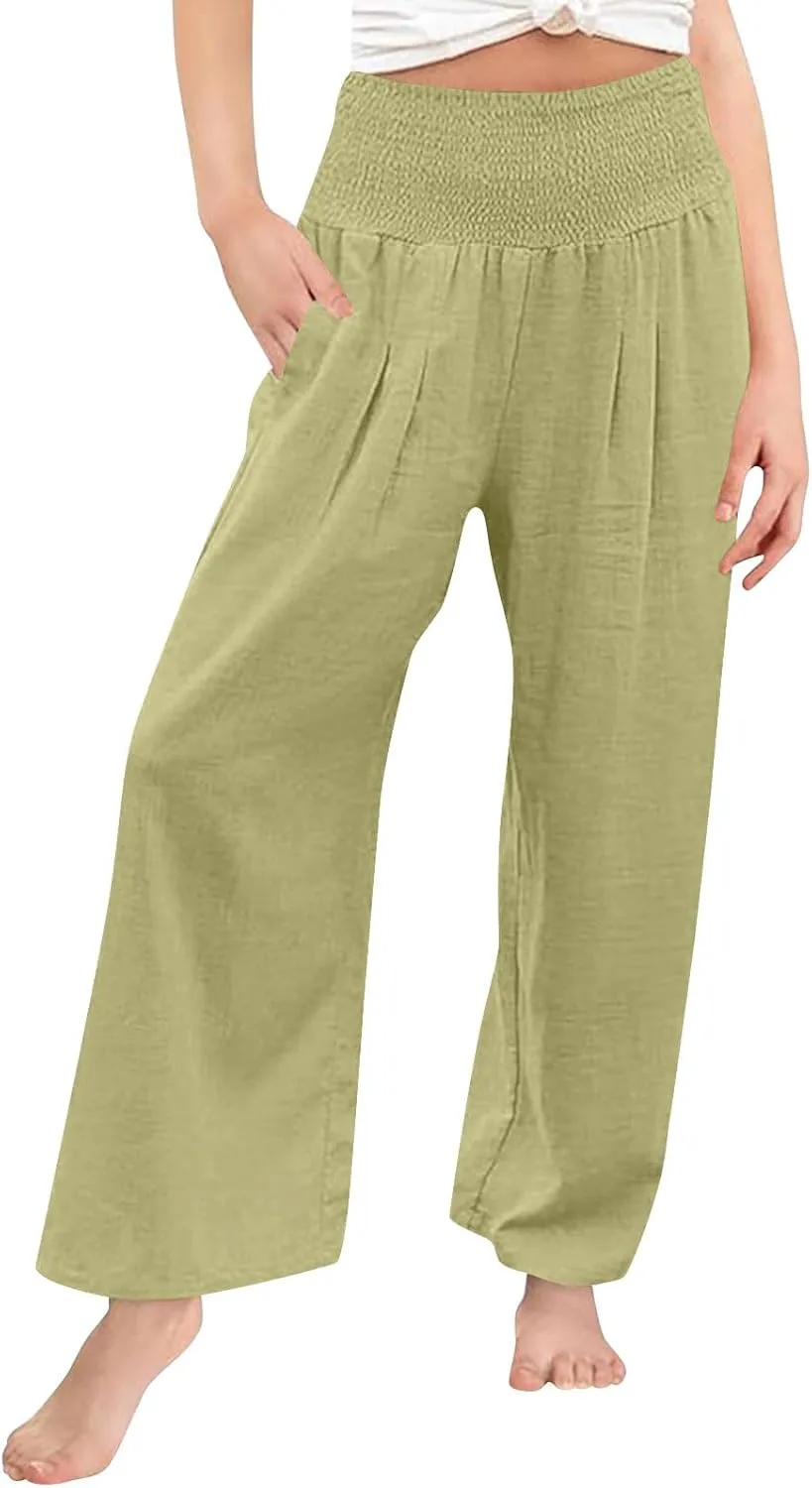 Girls Linen Pants Summer Boho Wide Leg Pleated High Waist Trousers Kids Y2K Aesthetic Baggy Elastic Palazzo Pants