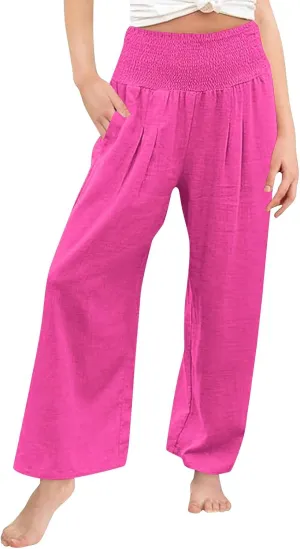 Girls Linen Pants Summer Boho Wide Leg Pleated High Waist Trousers Kids Y2K Aesthetic Baggy Elastic Palazzo Pants