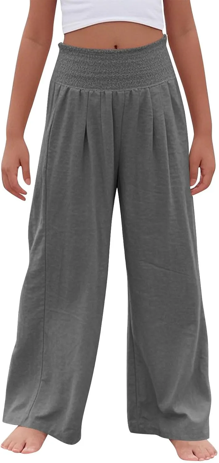 Girls Linen Pants Summer Boho Wide Leg Pleated High Waist Trousers Kids Y2K Aesthetic Baggy Elastic Palazzo Pants