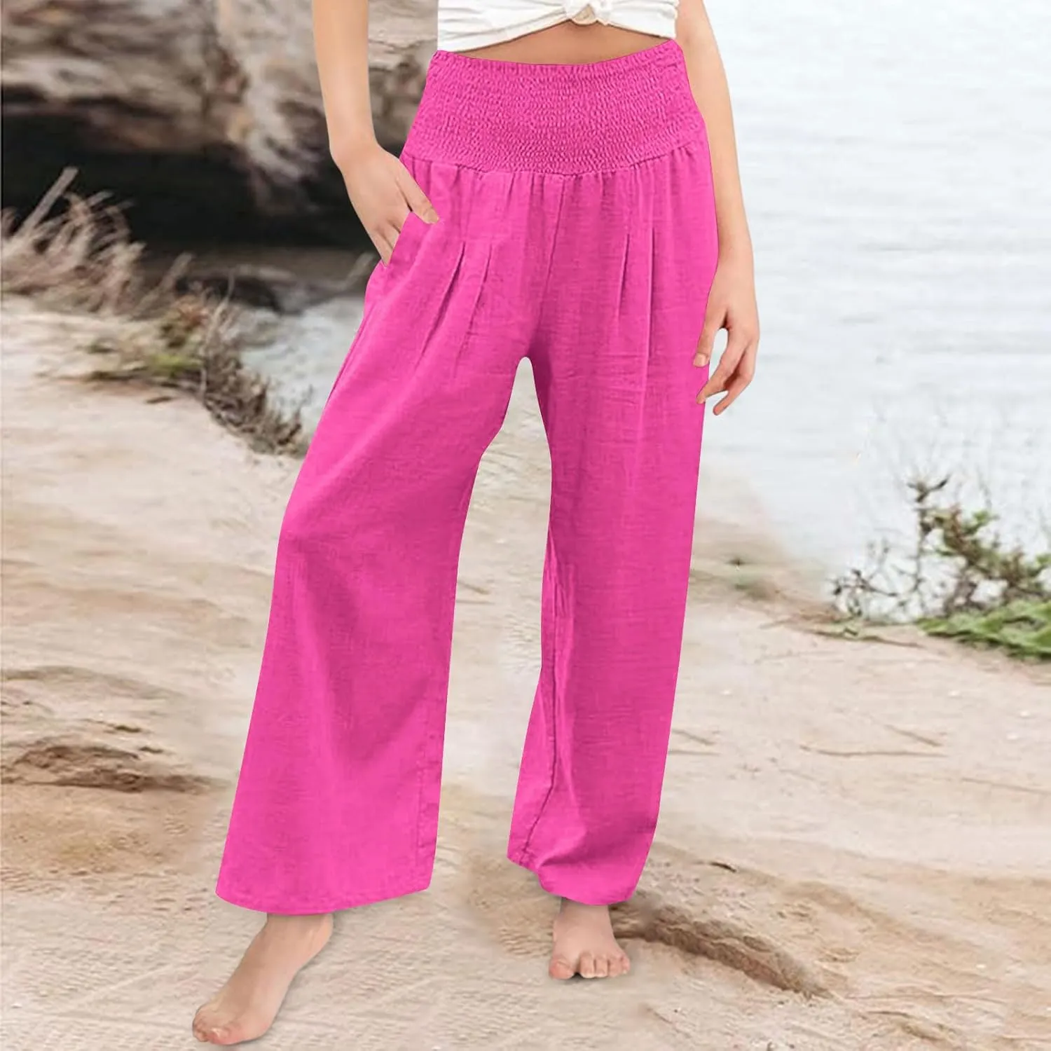 Girls Linen Pants Summer Boho Wide Leg Pleated High Waist Trousers Kids Y2K Aesthetic Baggy Elastic Palazzo Pants