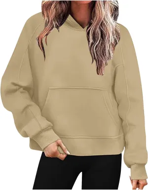 HGps8w Fleece Hoodies for Women Pullover Cropped Sweatshirts Long Sleeve Fall Winter Loose Casual Hooded Tops with Pocket