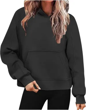 HGps8w Fleece Hoodies for Women Pullover Cropped Sweatshirts Long Sleeve Fall Winter Loose Casual Hooded Tops with Pocket