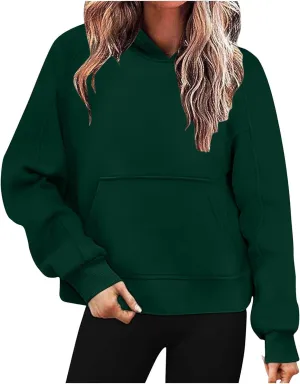 HGps8w Fleece Hoodies for Women Pullover Cropped Sweatshirts Long Sleeve Fall Winter Loose Casual Hooded Tops with Pocket
