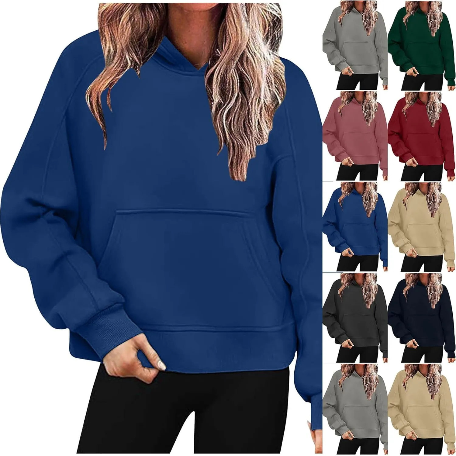 HGps8w Fleece Hoodies for Women Pullover Cropped Sweatshirts Long Sleeve Fall Winter Loose Casual Hooded Tops with Pocket