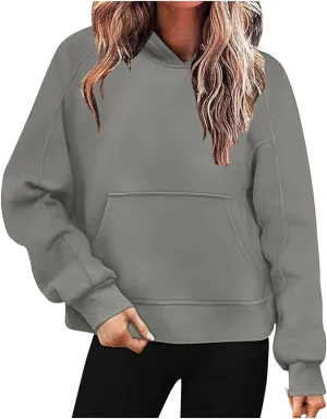 HGps8w Fleece Hoodies for Women Pullover Cropped Sweatshirts Long Sleeve Fall Winter Loose Casual Hooded Tops with Pocket