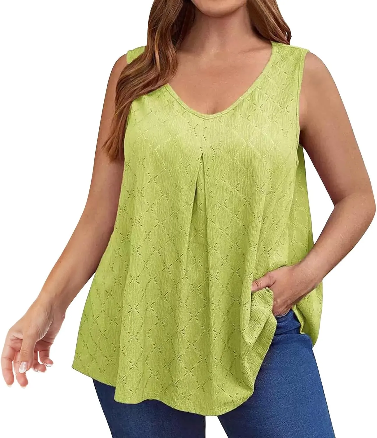 HGps8w Plus Size Eyelet Tank Tops for Women Sleeveless 2025 Summer Loose Pleated U Neck Tunics Casual Tee Shirts