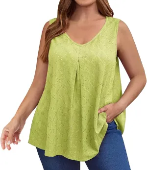 HGps8w Plus Size Eyelet Tank Tops for Women Sleeveless 2025 Summer Loose Pleated U Neck Tunics Casual Tee Shirts