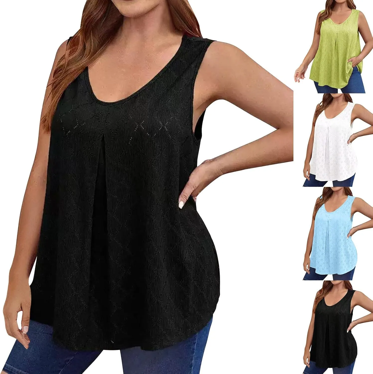 HGps8w Plus Size Eyelet Tank Tops for Women Sleeveless 2025 Summer Loose Pleated U Neck Tunics Casual Tee Shirts