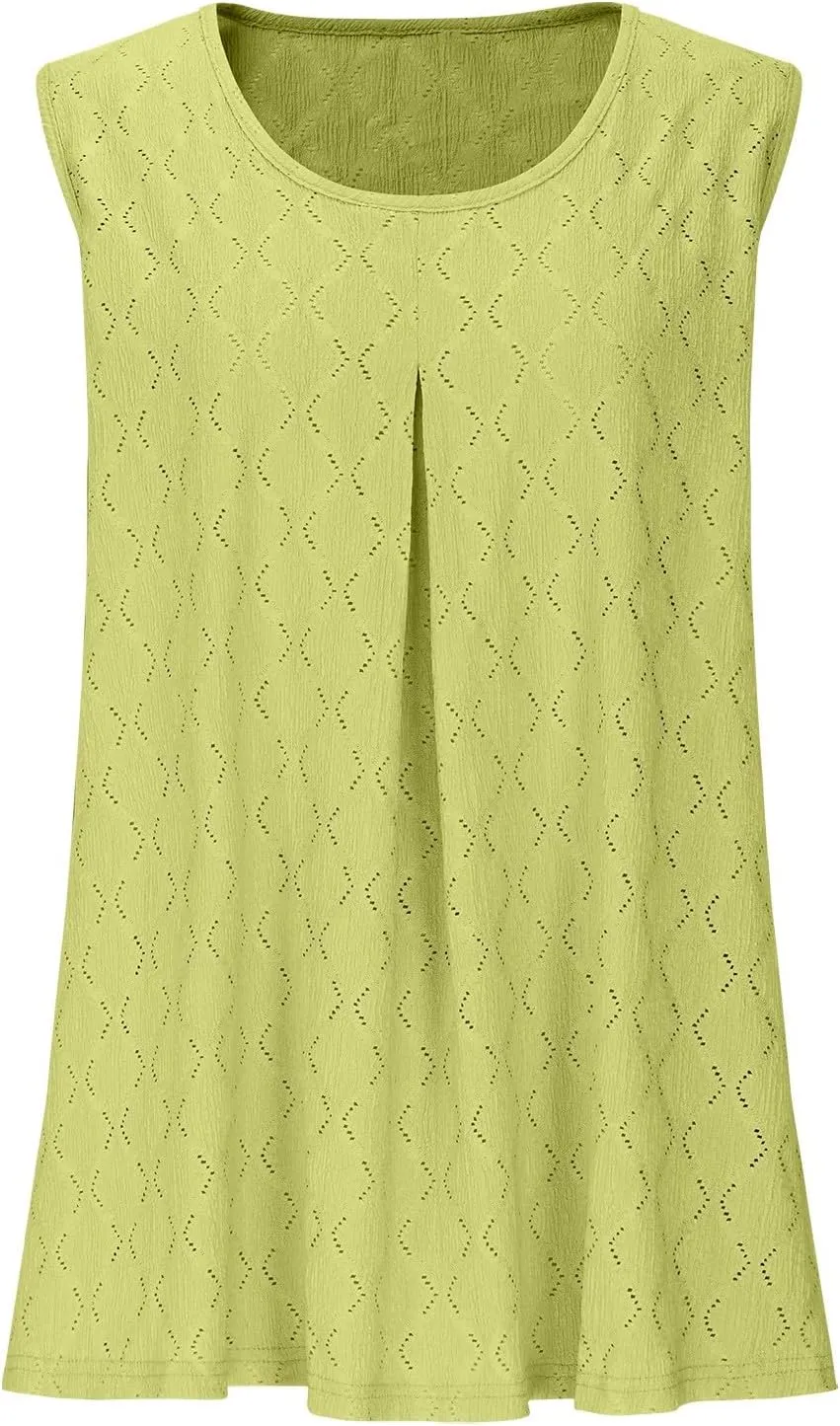 HGps8w Plus Size Eyelet Tank Tops for Women Sleeveless 2025 Summer Loose Pleated U Neck Tunics Casual Tee Shirts