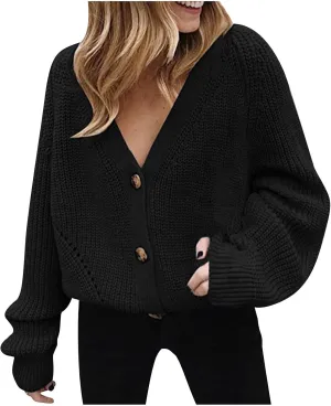 HGps8w Womens Button Down Cardigan Sweaters Loose Lantern Long Sleeve Chunky Knit Slouchy Outerwear