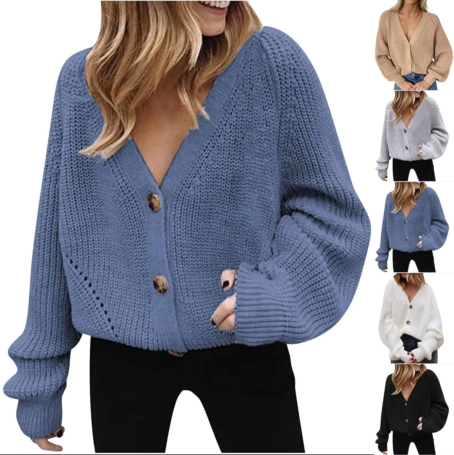 HGps8w Womens Button Down Cardigan Sweaters Loose Lantern Long Sleeve Chunky Knit Slouchy Outerwear