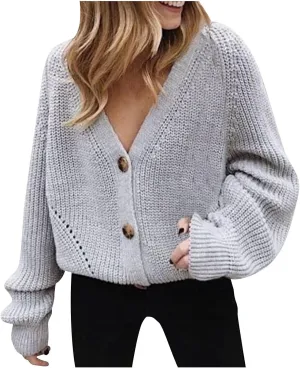 HGps8w Womens Button Down Cardigan Sweaters Loose Lantern Long Sleeve Chunky Knit Slouchy Outerwear