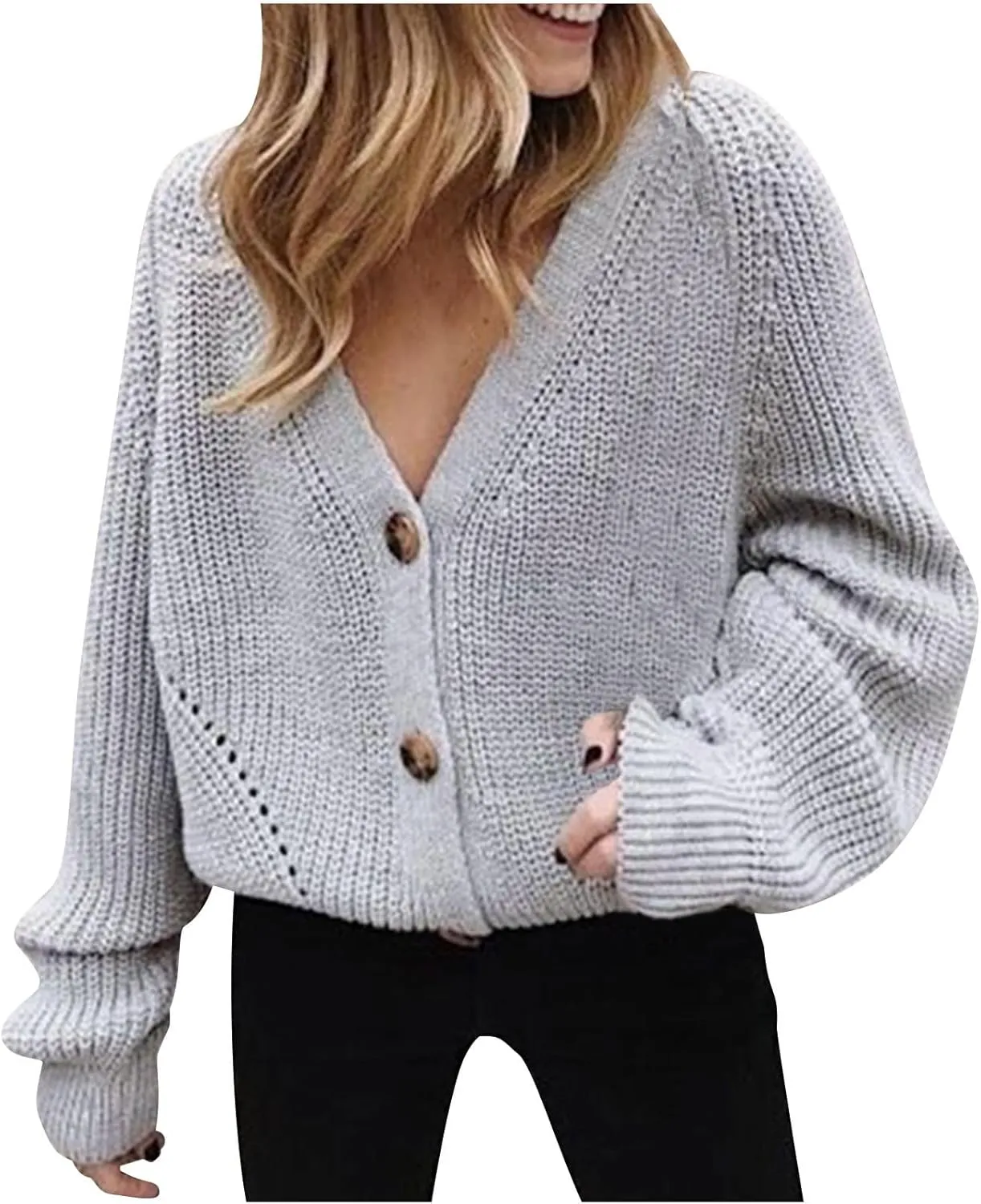 HGps8w Womens Button Down Cardigan Sweaters Loose Lantern Long Sleeve Chunky Knit Slouchy Outerwear