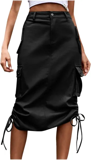 HGps8w Y2K Long Cargo Denim Skirt for Women Casual Elastic Waist Drawstring Hem Midi Skirts Streetwear with Pockets