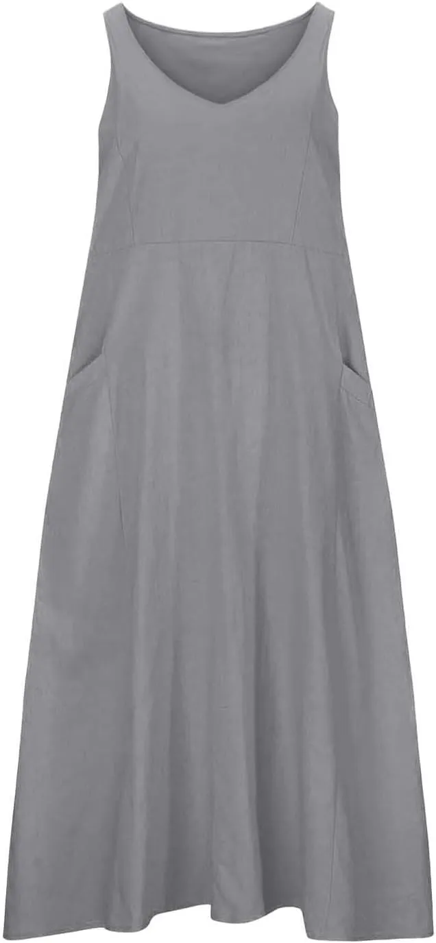 High Waisted A Line Dresses Women's Fashionable Casual Solid Color Pocket V Neck Sleeveless Casual Dress Summer