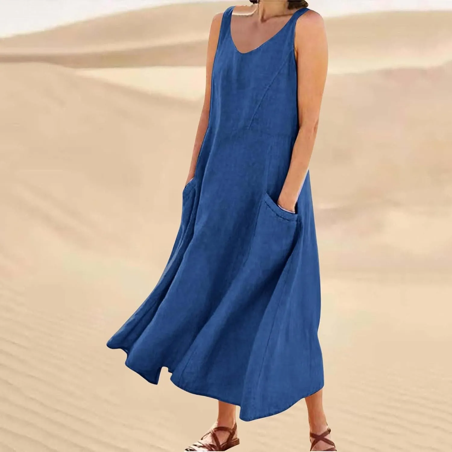 High Waisted A Line Dresses Women's Fashionable Casual Solid Color Pocket V Neck Sleeveless Casual Dress Summer