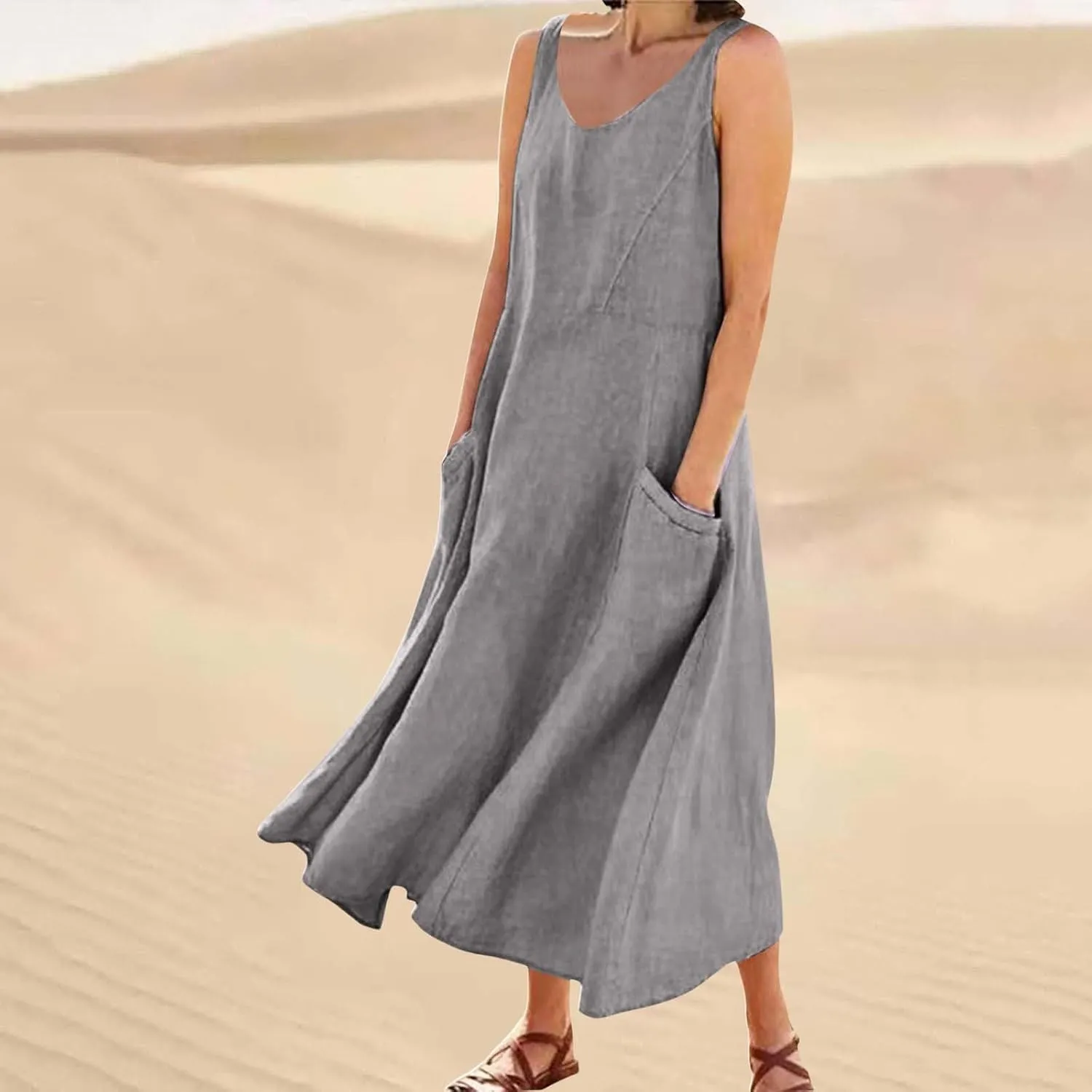 High Waisted A Line Dresses Women's Fashionable Casual Solid Color Pocket V Neck Sleeveless Casual Dress Summer