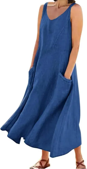 High Waisted A Line Dresses Women's Fashionable Casual Solid Color Pocket V Neck Sleeveless Casual Dress Summer