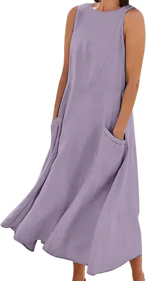 High Waisted A Line Dresses Women's Fashionable Casual Solid Color Pocket V Neck Sleeveless Casual Dress Summer