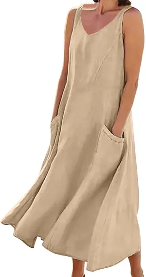 High Waisted A Line Dresses Women's Fashionable Casual Solid Color Pocket V Neck Sleeveless Casual Dress Summer