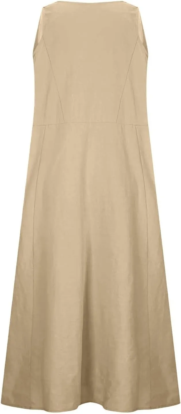 High Waisted A Line Dresses Women's Fashionable Casual Solid Color Pocket V Neck Sleeveless Casual Dress Summer