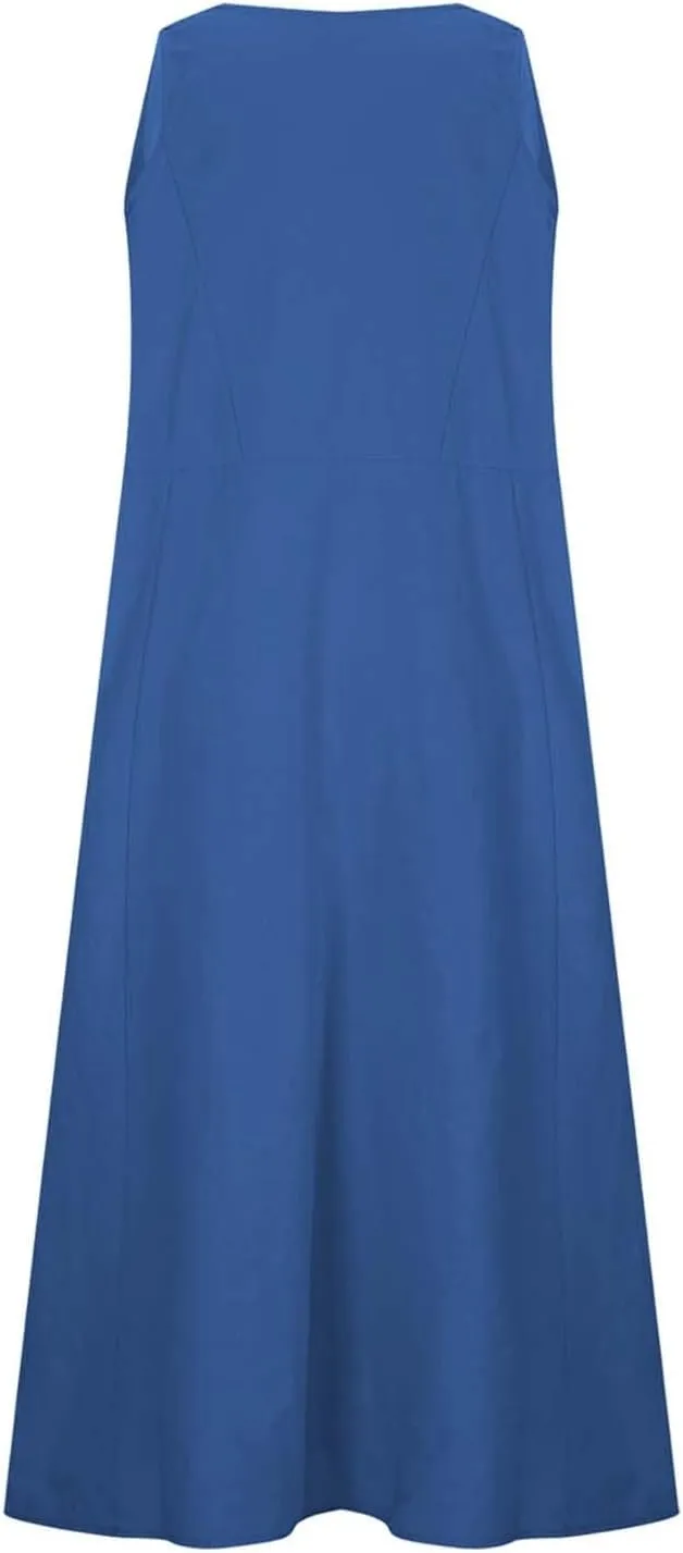 High Waisted A Line Dresses Women's Fashionable Casual Solid Color Pocket V Neck Sleeveless Casual Dress Summer