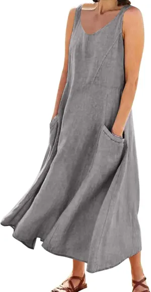High Waisted A Line Dresses Women's Fashionable Casual Solid Color Pocket V Neck Sleeveless Casual Dress Summer