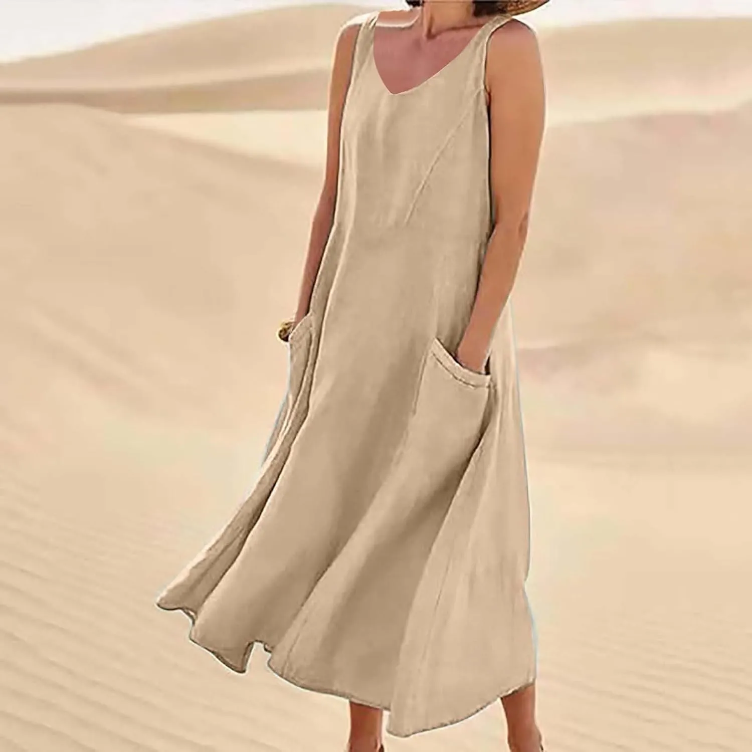 High Waisted A Line Dresses Women's Fashionable Casual Solid Color Pocket V Neck Sleeveless Casual Dress Summer