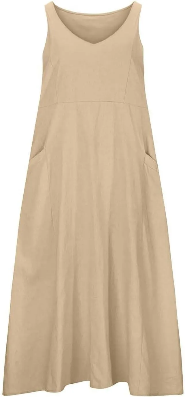 High Waisted A Line Dresses Women's Fashionable Casual Solid Color Pocket V Neck Sleeveless Casual Dress Summer
