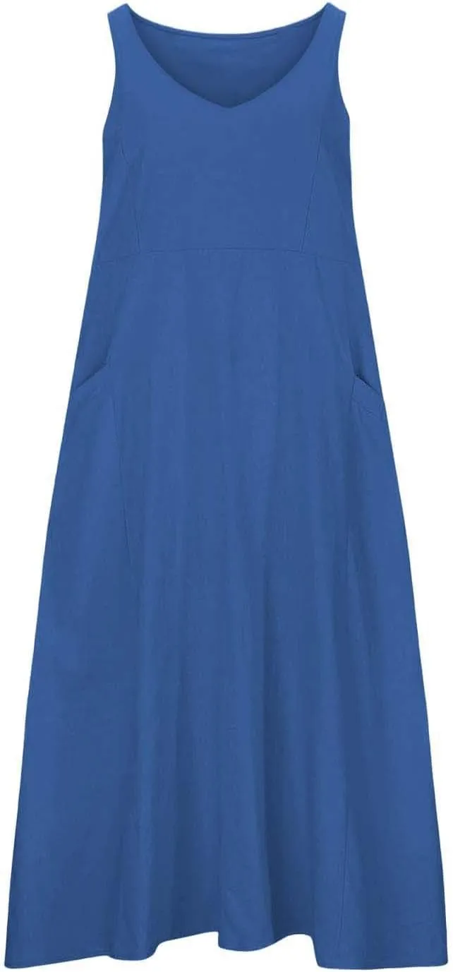 High Waisted A Line Dresses Women's Fashionable Casual Solid Color Pocket V Neck Sleeveless Casual Dress Summer