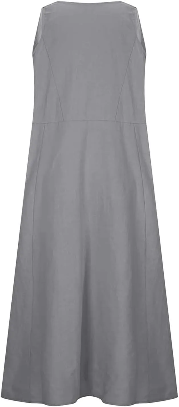 High Waisted A Line Dresses Women's Fashionable Casual Solid Color Pocket V Neck Sleeveless Casual Dress Summer