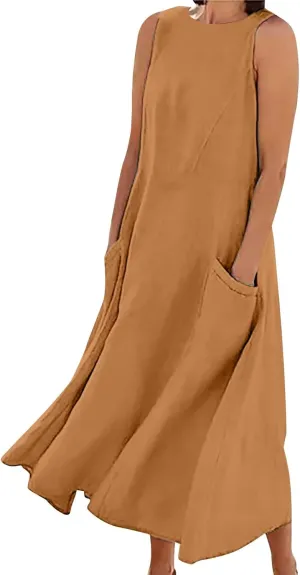 High Waisted A Line Dresses Women's Fashionable Casual Solid Color Pocket V Neck Sleeveless Casual Dress Summer