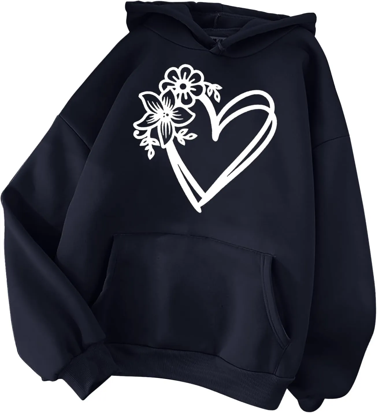 Hoodies for Women Heart Print Floral Graphic Sweatshirt Casual Long Sleeve Drawstring Hoodie with Pocket