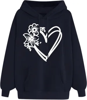 Hoodies for Women Heart Print Floral Graphic Sweatshirt Casual Long Sleeve Drawstring Hoodie with Pocket