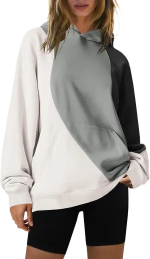 Hoodies for Women Long Sleeve Hoodies Pullover Color Block Loose Fit Hooded Sweatshirt with Pockets Casual Fall Clothes