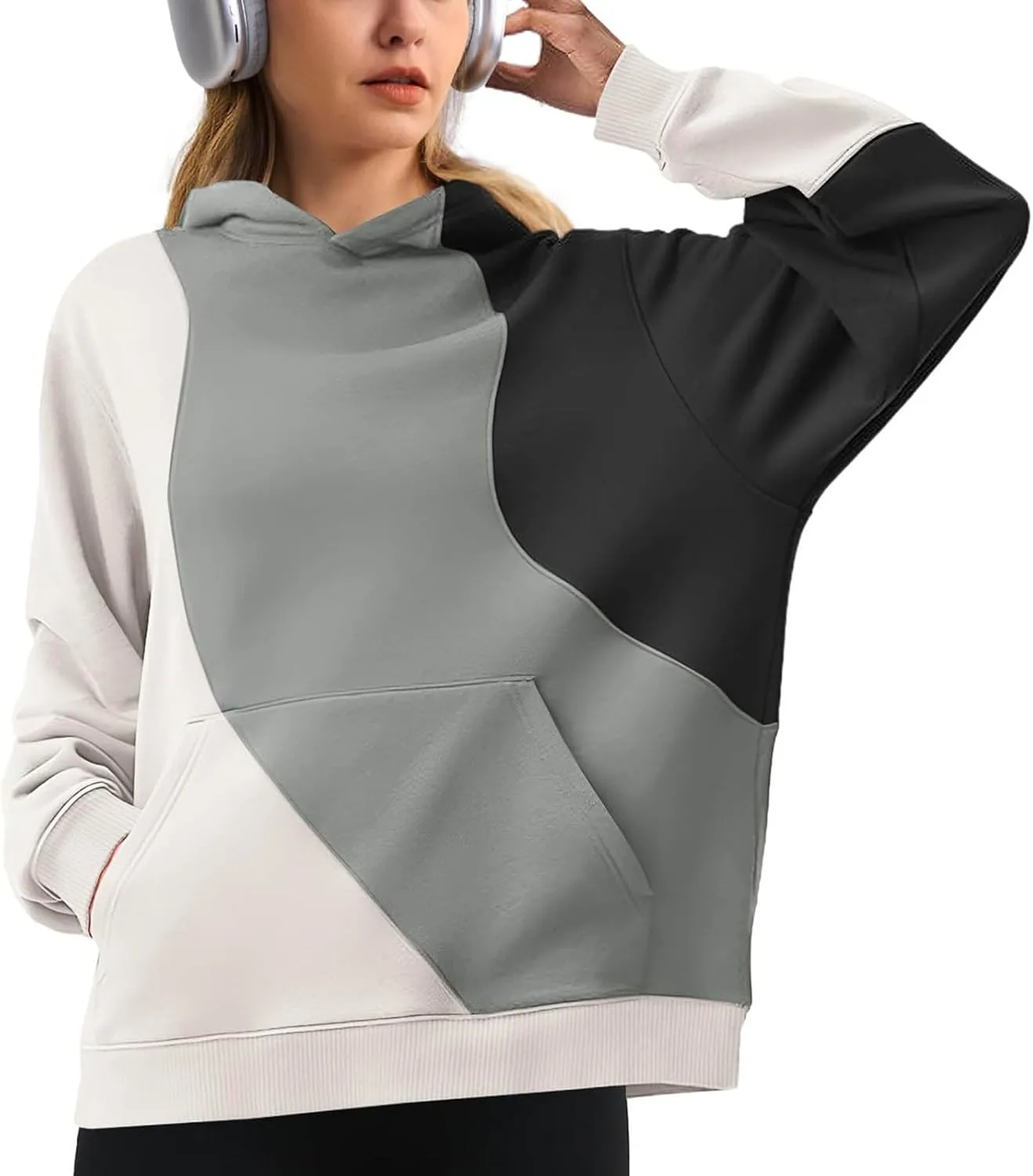 Hoodies for Women Long Sleeve Hoodies Pullover Color Block Loose Fit Hooded Sweatshirt with Pockets Casual Fall Clothes
